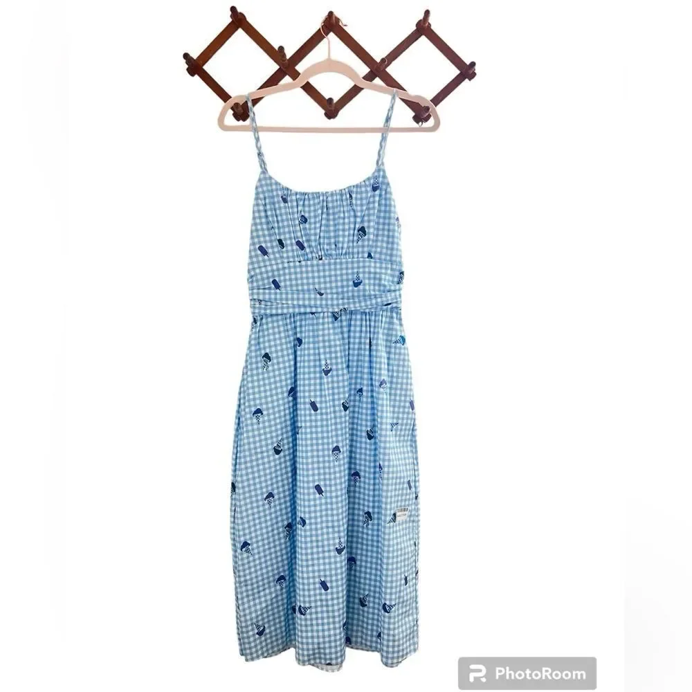 HVN Blue Lucy‎ Strappy Cotton Ruched Dress with Ice Cream Print sz 2